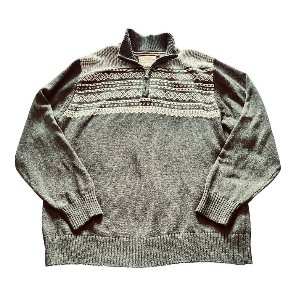 Weatherproof Vintage Fair Isle Sweater Size XL Grey White 3/4 Zip Heavy